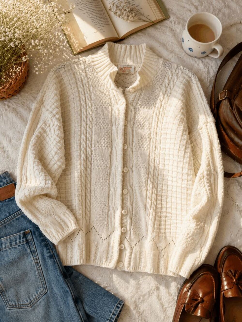 VTG Cream Textured Knit Cardigan Sweater Grannycore Cottagecore Feminine USA